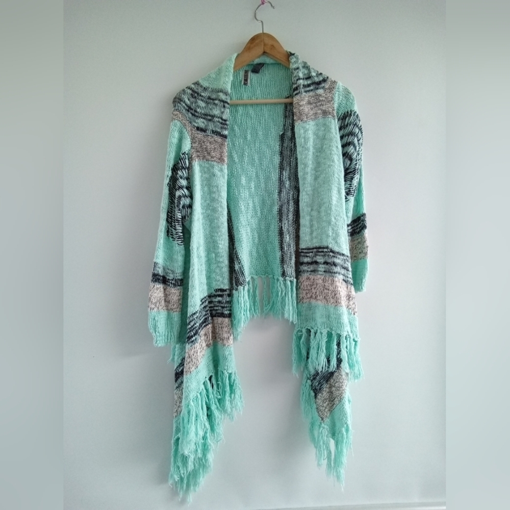 BKE Mint Green Open-Front Fringe Cardigan - Size Small